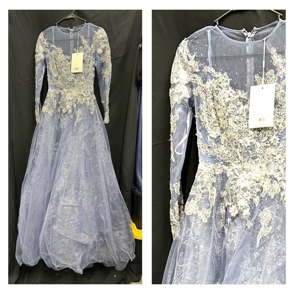 MAC DUGGAL 20441 NWT Embellished V Neck Long Sleeve A Line Gown in Slate Blue